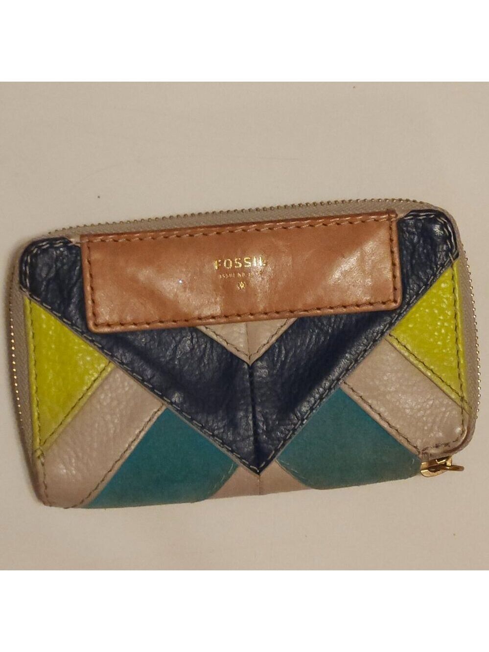 Fossil Amanda Patchwork Leather Zip Clutch Bright Colours Turquoise Lime Green